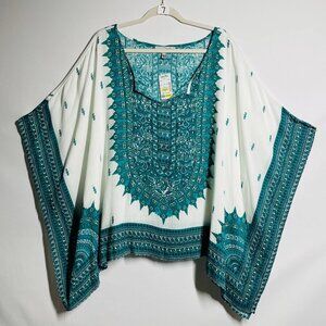 NWT Y2K WD-NY Womens Teal Green Paisley Bohemian Tunic Kaftan Top Size X-Large